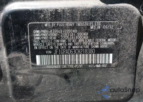 2012 Subaru Impreza 2.0I Premium из США, поврежденный, VIN JF1GPAD63CH218380